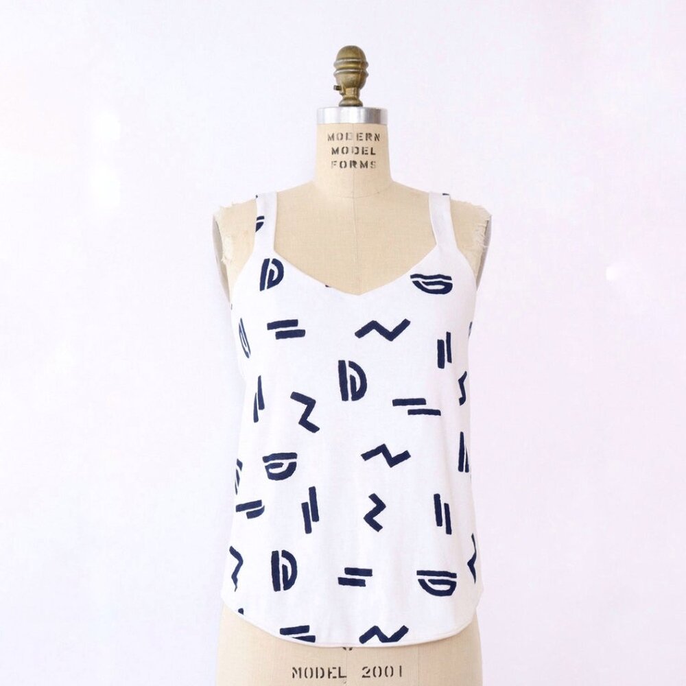 Vintage 1980s Womens Knit Doodle Geometric Tank Top - Medium